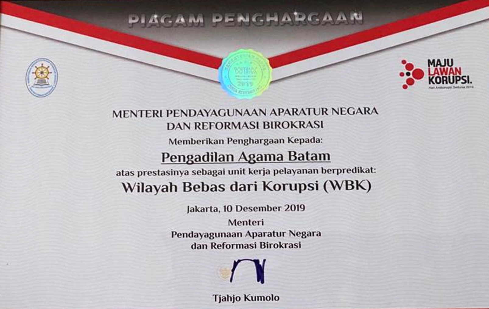 Piagam Penghargaan Satker Berpredikat WBK